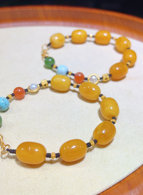 天然老蜡满蜜枣珠手绳s925银镀金配饰珠宝玉石蜜蜡手链批发福字