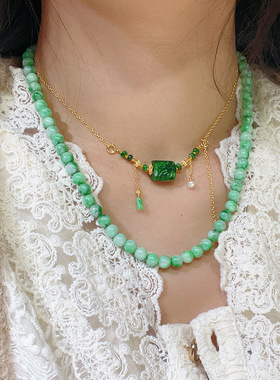 天然A货辣绿翡翠回纹珠桶珠锁骨链 翡翠盘珠翡翠万能链多功能链