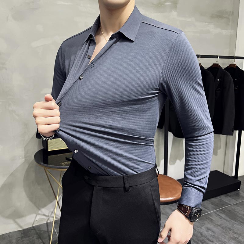 冬季加绒衬衫男长袖弹力无痕韩版修身商务正装加厚保暖衬衣高级感