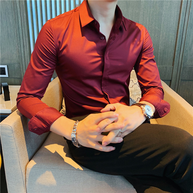 春夏男士正装冰丝暗扣衬衫韩版修身商务休闲免烫衬衣男长袖墨绿色 - 图2