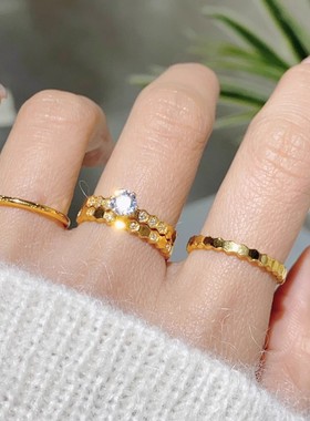 洗澡不掉色时尚潮人蜂巢蜂窝菱形几何玫瑰金钛钢戒指指环女款食指