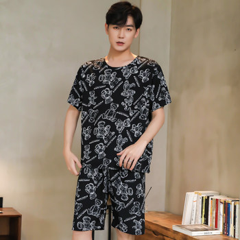 Summer Youth Cotton Silk Pajamas Set Cotton Silk Air Conditioning Clothes Home Clothing Thin Korean Version Big Children Student Short Sleeve Men