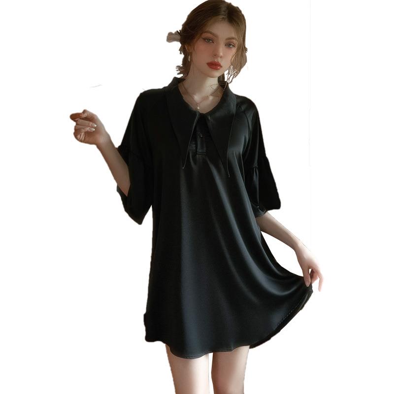 Swallowtail Collar Silk Nightdress Boyfriend Style Shirt - 图3