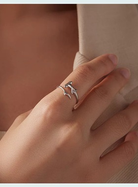 原创个性冷淡风锤头鲨开口戒指男女s925纯银鲨鱼戒指手饰简约百搭