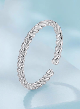 新款素银麻花开口戒指简约时尚s925纯银纹理感戒指手饰小众饰品