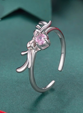 原创蝴蝶结麋鹿开口戒指圣诞节s925纯银幸运戒指手饰小众饰品流行