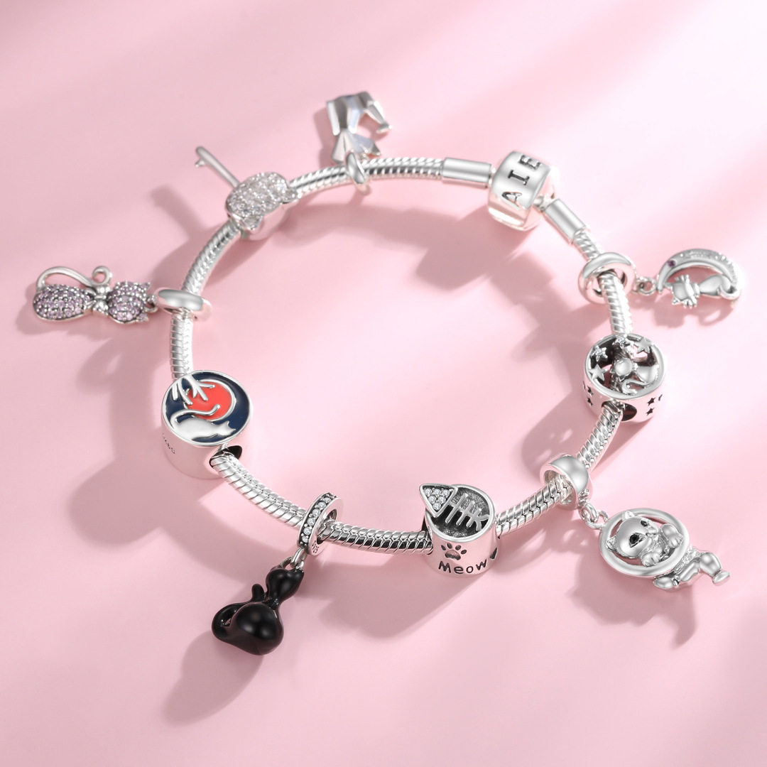 S925纯银珠子创意猫咪望月元素系列串珠吊坠 手链DIY银饰配件散珠,淘宝优惠券,粉丝福利购,淘宝优惠卷