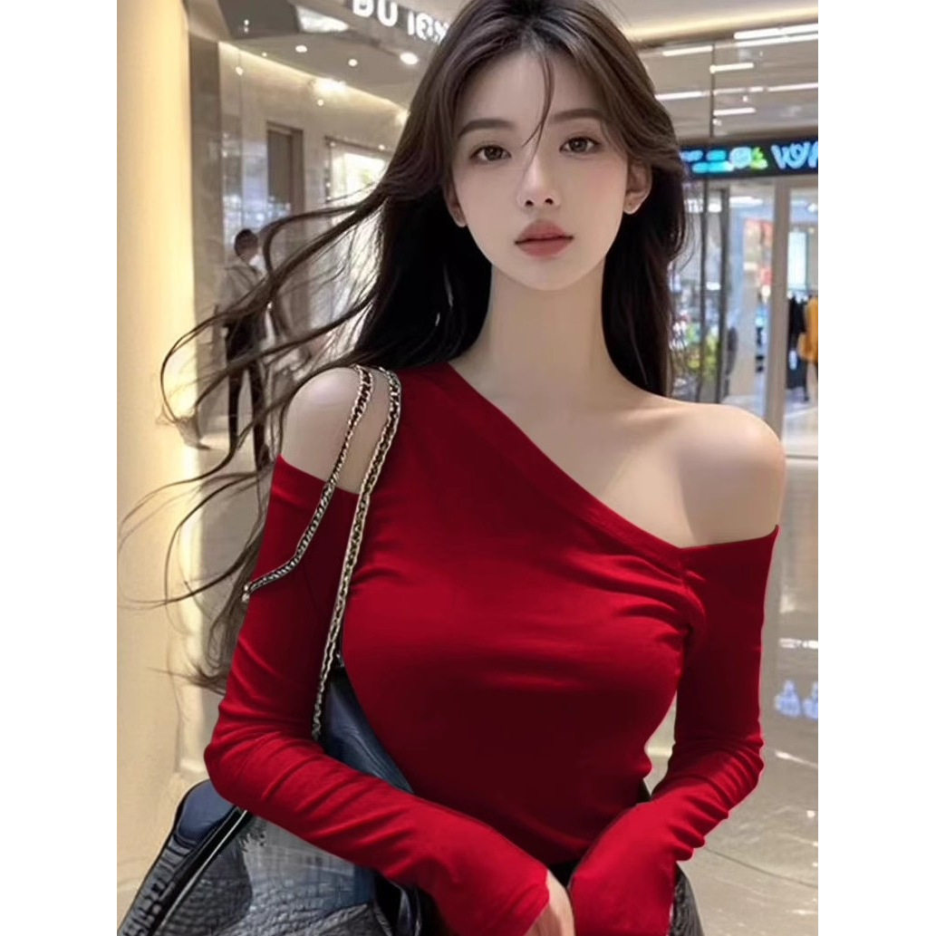 春秋新款黑色修身斜肩长袖T恤女露肩上衣设计感小众不规则打底衫,淘宝优惠券,粉丝福利购,淘宝优惠卷