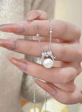 925银在逃公主珍珠项链女韩版蝴蝶结锁骨链ins风轻奢高级感