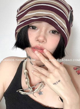 甜酷辣妹条纹堆堆帽女慵懒风大头