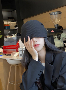 帽子女冬季毛线大头春秋黑色加厚