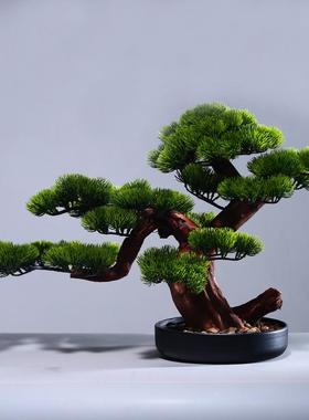 禅意迎客松盆景摆件家居博古架电视柜茶桌新中式仿真盆栽工艺装饰