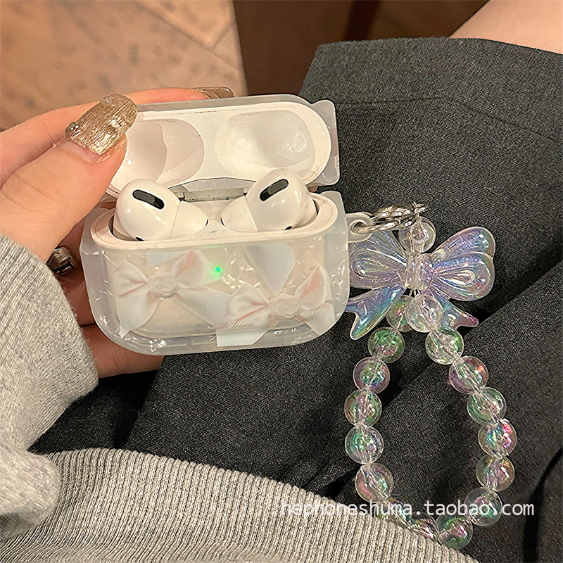 温柔气质白色蝴蝶结手链适用airpods2/3代保护壳airpods pro 2代耳机套苹果三代pro无线蓝牙耳机壳