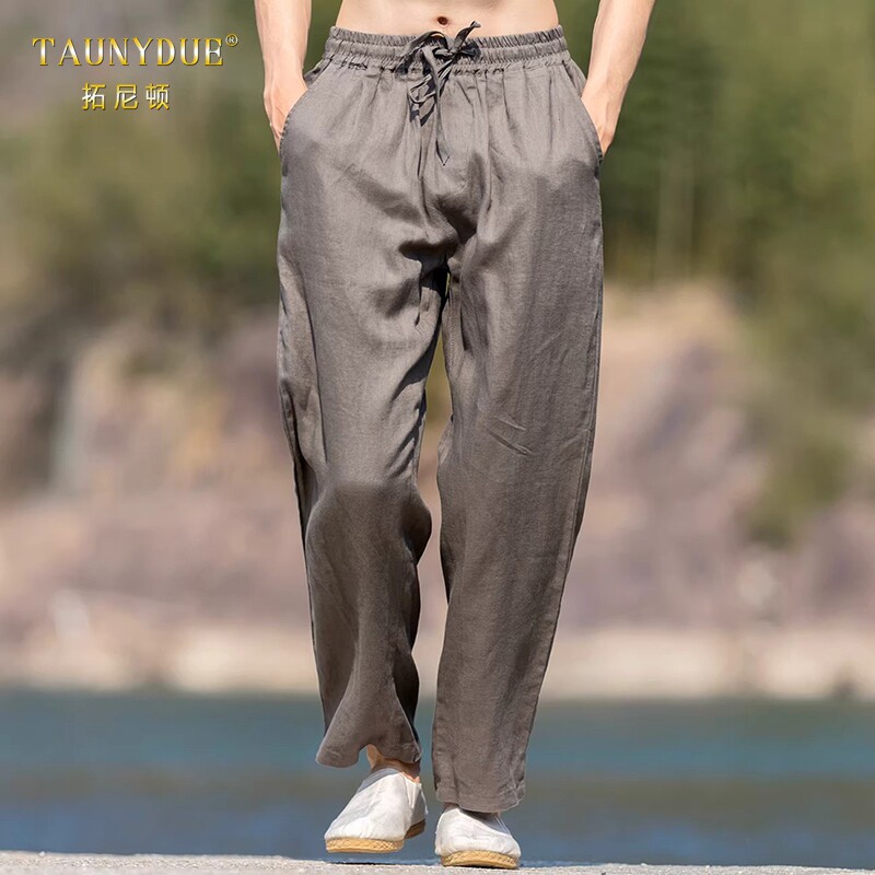 TAUNYDUE亚麻休闲裤男透气薄款宽松直筒长裤子天然复古麻布料夏季