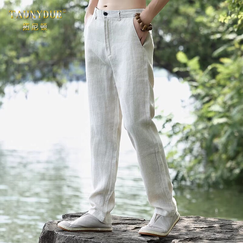 TAUNYDUE高端亚麻裤男宽松直筒休闲西裤夏季大码薄款麻布料长裤子