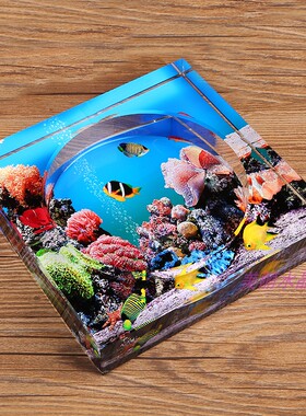 实用时尚水晶玻璃烟灰缸创意礼品精品高档海底世界彩印家居摆件