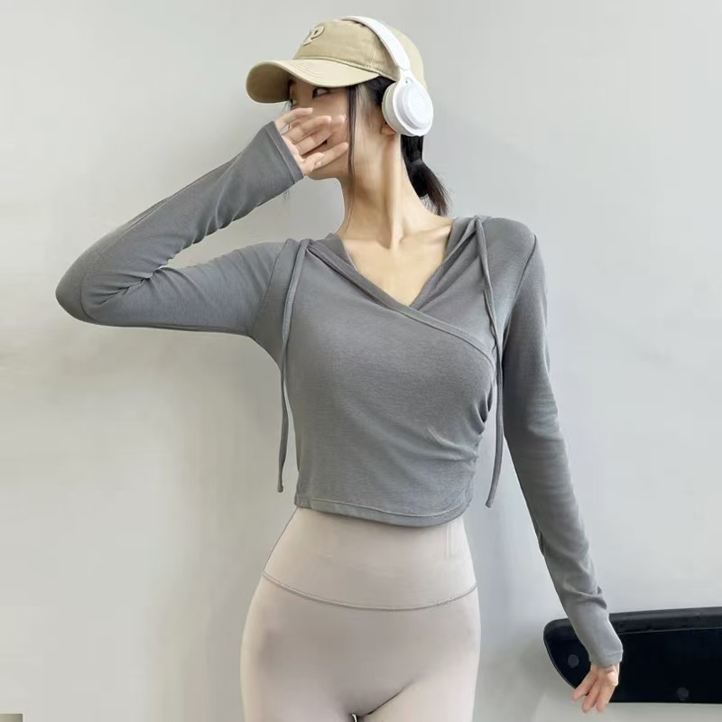 悠美YOGA连帽显瘦外穿瑜伽服上衣女交叉V领休闲运动跑步健身长袖 - 图1