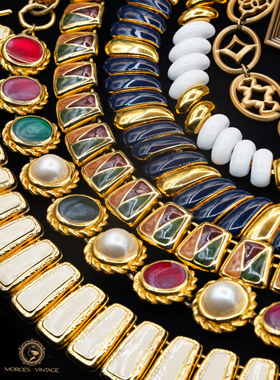 古董首饰珍珠水钻毛衣链镀金琉璃