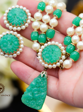 仿玉石翡翠琉璃浮雕珍珠项链耳夹