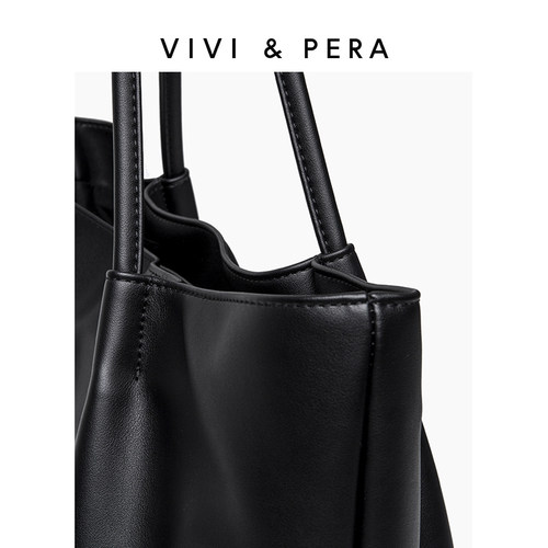 VIVI&PERA 2025新款软皮单肩大包包大容量休闲简约托特包黑色皱褶 - 图1