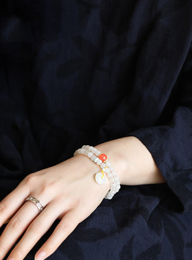 天然和田玉青白玉平安扣搭配南红玛瑙珠款多圈手串送礼物