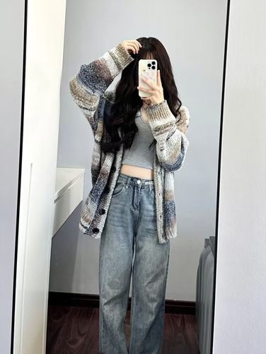 超软糯！复古渐变单排扣毛衣开衫女外套2025秋装新款韩版针织衫潮 - 图3