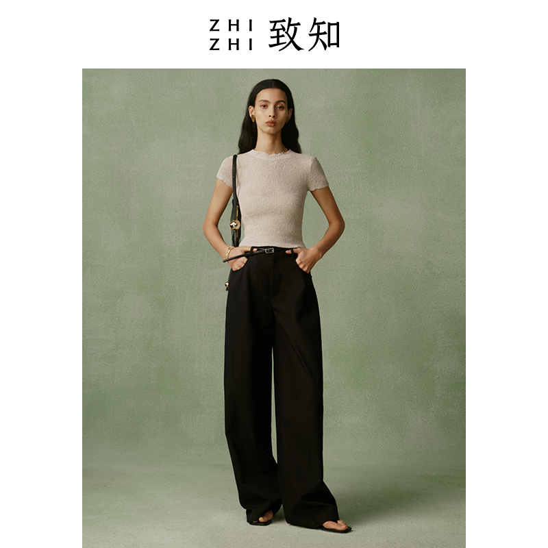 致知ZHIZHI书夜月美式阔腿裤女2024夏季新款休闲垂顺透气白色-图1
