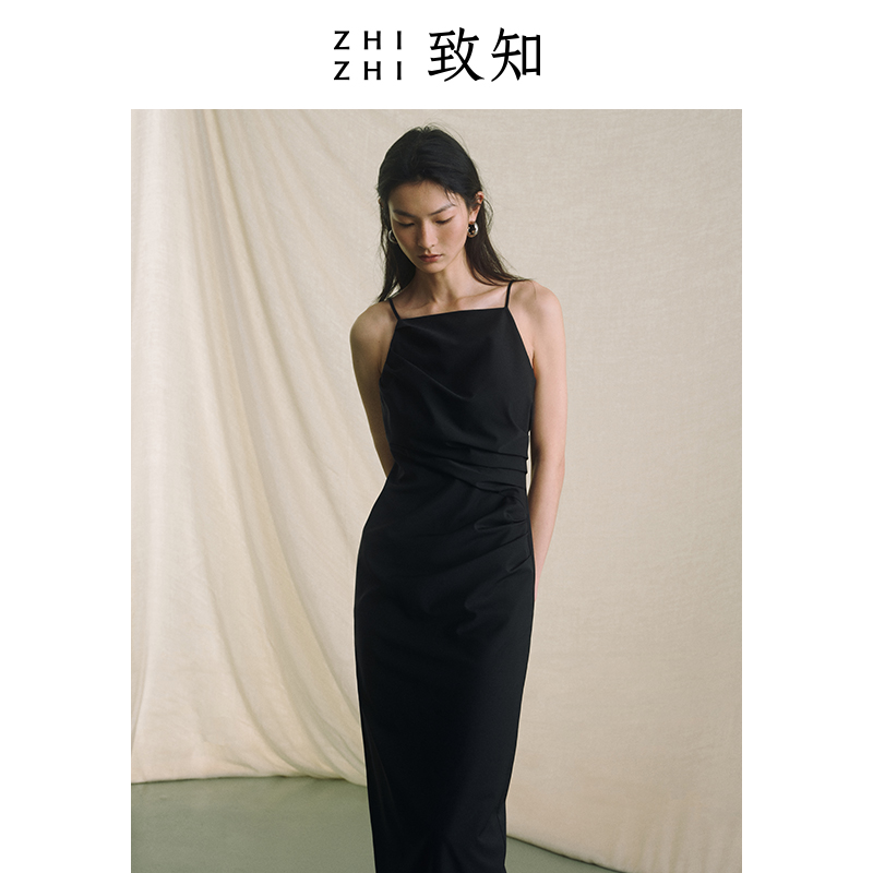 致知ZHIZHI西笑吟连衣裙2024夏季新款气质优雅吊带裙复古小黑裙-图1