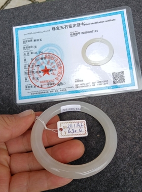 天然和田玉青海昆仑山野牛沟渐变色白玉藕粉圆条手镯56mm女带证书