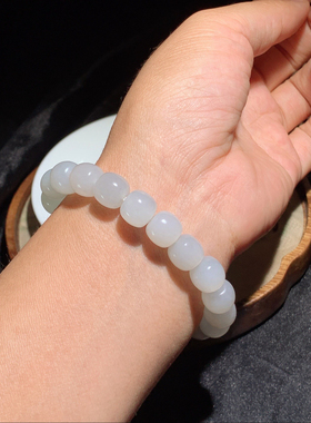 纯天然新疆和田玉点墨青花白玉老型珠手串白玉青花手链9/10mm女款