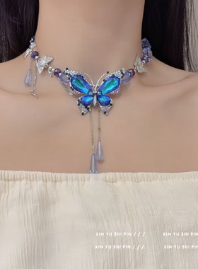 夏日新款蝴蝶流苏串珠项链女小众个性设计感重工辣妹甜酷风锁骨链