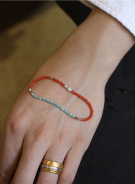 南红级细小米珠3mm手串高瓷绿松石柿子红国风叠戴手串显白女