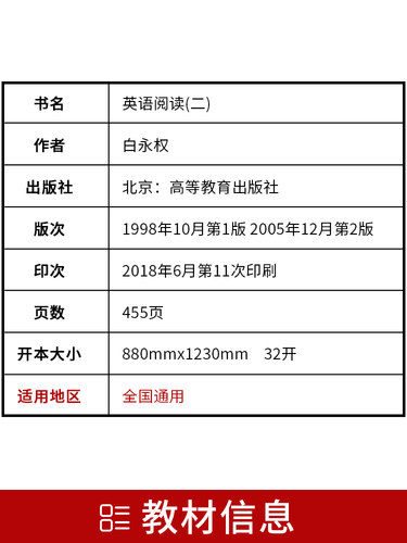 全新正版自考教材00596 英语阅读(二)白永权2005年高等教育出版社 自学考试推荐书籍 朗朗图书自考书店 附考试大纲 - 图1