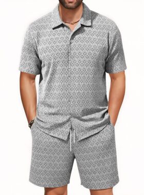 men's shirts + shorts 男士欧美休闲套装短袖衬衫松紧短裤两件套