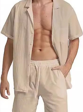 men's shirt shorts欧美运动短袖短裤套装亚宽松休闲男士衬衫套装