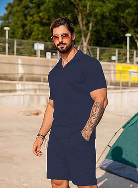 men's tshirt shorts男针织衫休闲沙滩短袖系和短裤套装带口袋man