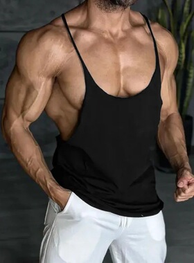 Men's Vest Singlet man Tank shirt男细肩带吊带背心深u紧身健身