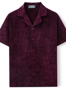 men's t-shirts男装货源 金丝绒面料古巴领休闲衬衫男士短袖衬衣