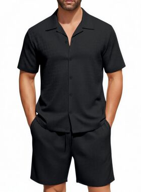 men's shirts男装货源 短袖衬衫肌理感休闲套装男士家居服两件套