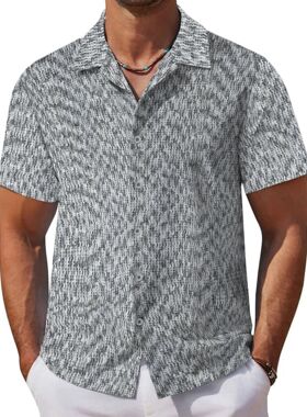 men's shirts男装 新款高端褶皱休闲衬衫百搭古巴领短袖男士衬衣