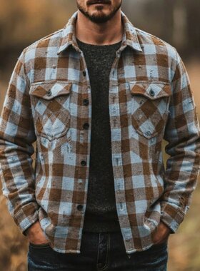 men's shirts男装 欧美破洞磨毛休闲衬衫 长袖经典格子衬衣a0701