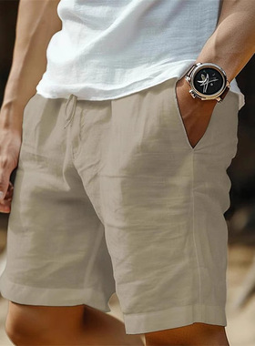 men's shorts新款棉短裤抽绳松紧腰直腿纯色透气日常沙滩五分休闲