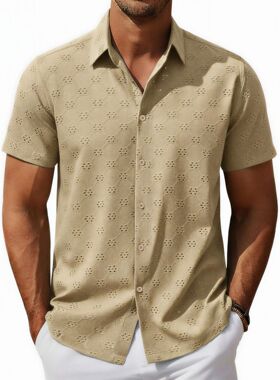 men's shirts男装 欧美性感镂空提花衬衫休闲短袖翻领衬衣a0401