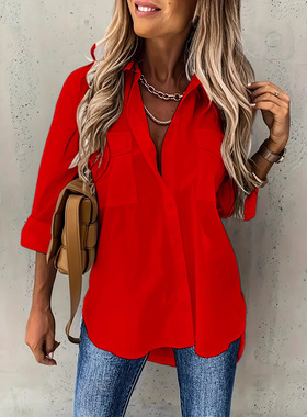Women's Fashion Lapel Solid Shirt Pocket Decoration Shirts女