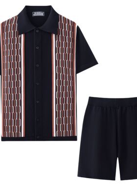 men's t-shirts男装 欧美男士针织衫套装 休闲短袖提花针织衫