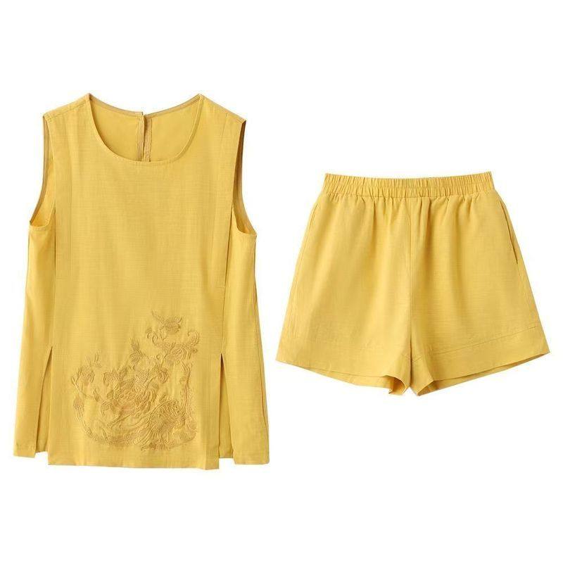 新中式国风棉麻刺绣套装女夏季设计感休闲马甲无袖上衣短裤两件套,淘宝优惠券,粉丝福利购,淘宝优惠卷