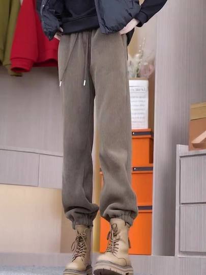 加厚羊羔绒裤子女2023新款秋冬季大码女装宽松显瘦束脚加绒哈伦裤