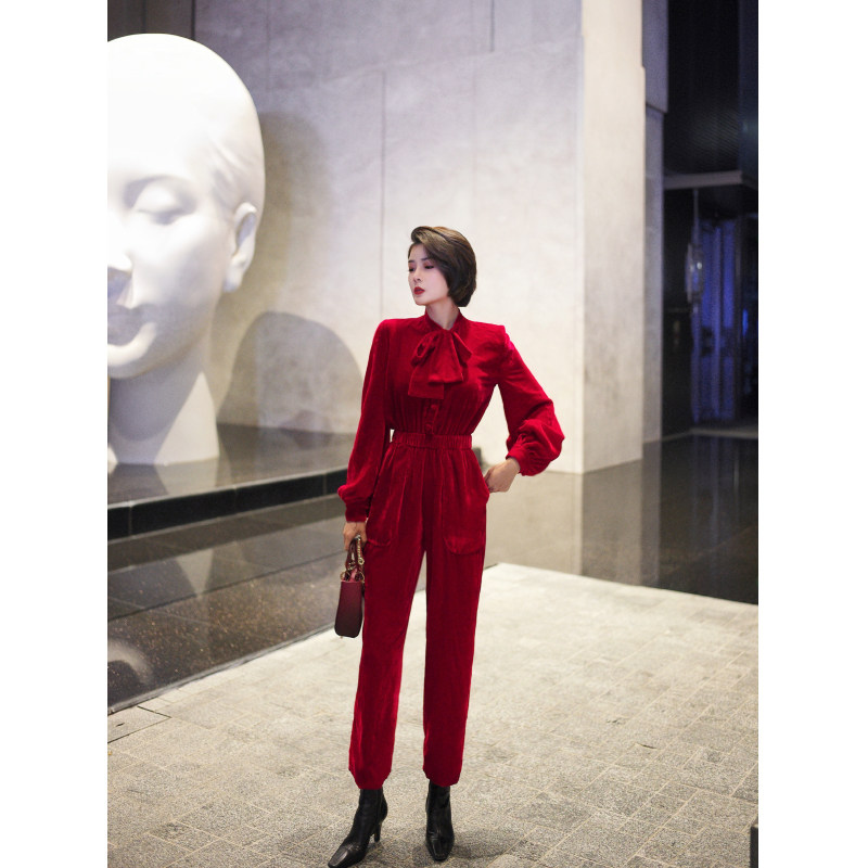 XULU原创新款真丝红色丝绒法式轻奢系带高腰修身泡泡袖松紧连体裤,淘宝优惠券,粉丝福利购,淘宝优惠卷