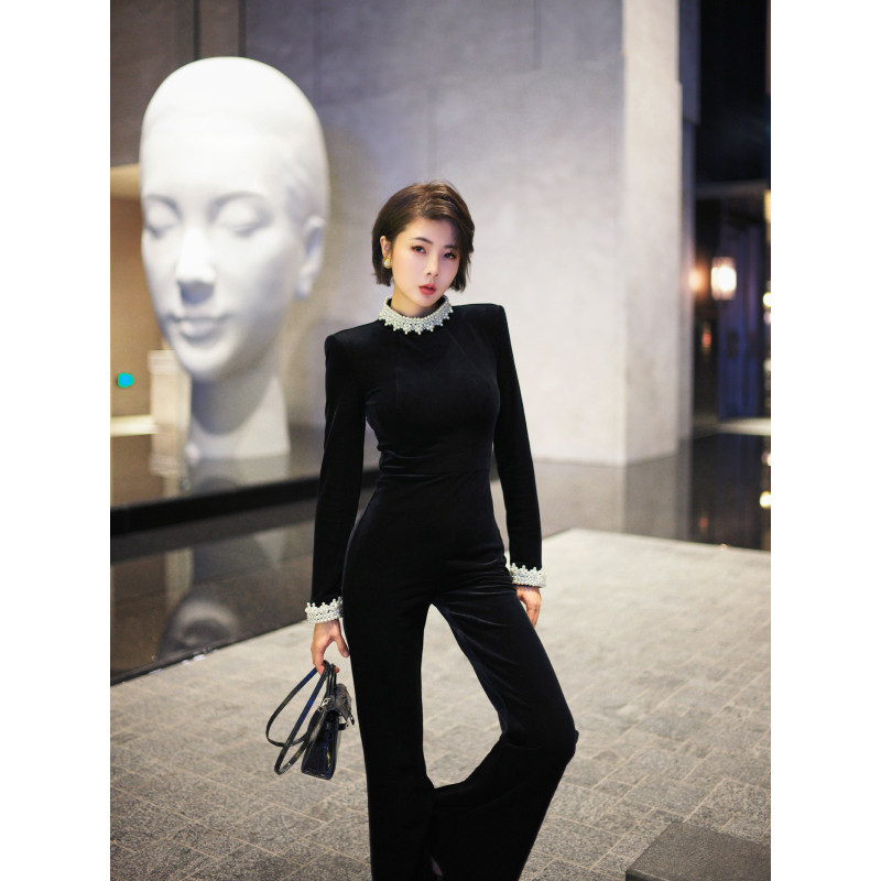 XULU原创新款进口黑色丝绒重工珍珠编条修身高腰气质半高领连体裤,淘宝优惠券,粉丝福利购,淘宝优惠卷