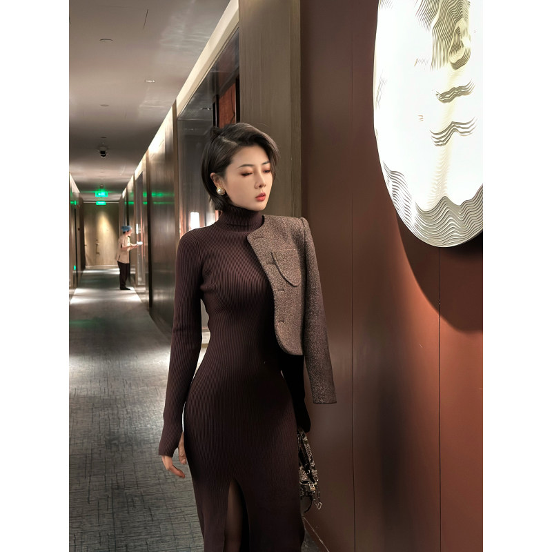 XULU原创纯色针织半高领长袖性感包臀裙气质修身显瘦开叉连衣裙,淘宝优惠券,粉丝福利购,淘宝优惠卷